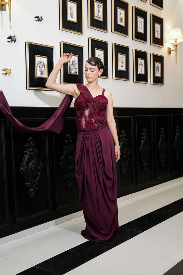 Burgundy Bloom Drape Saree