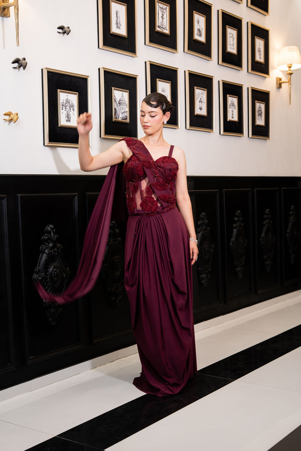 Burgundy Bloom Drape Saree