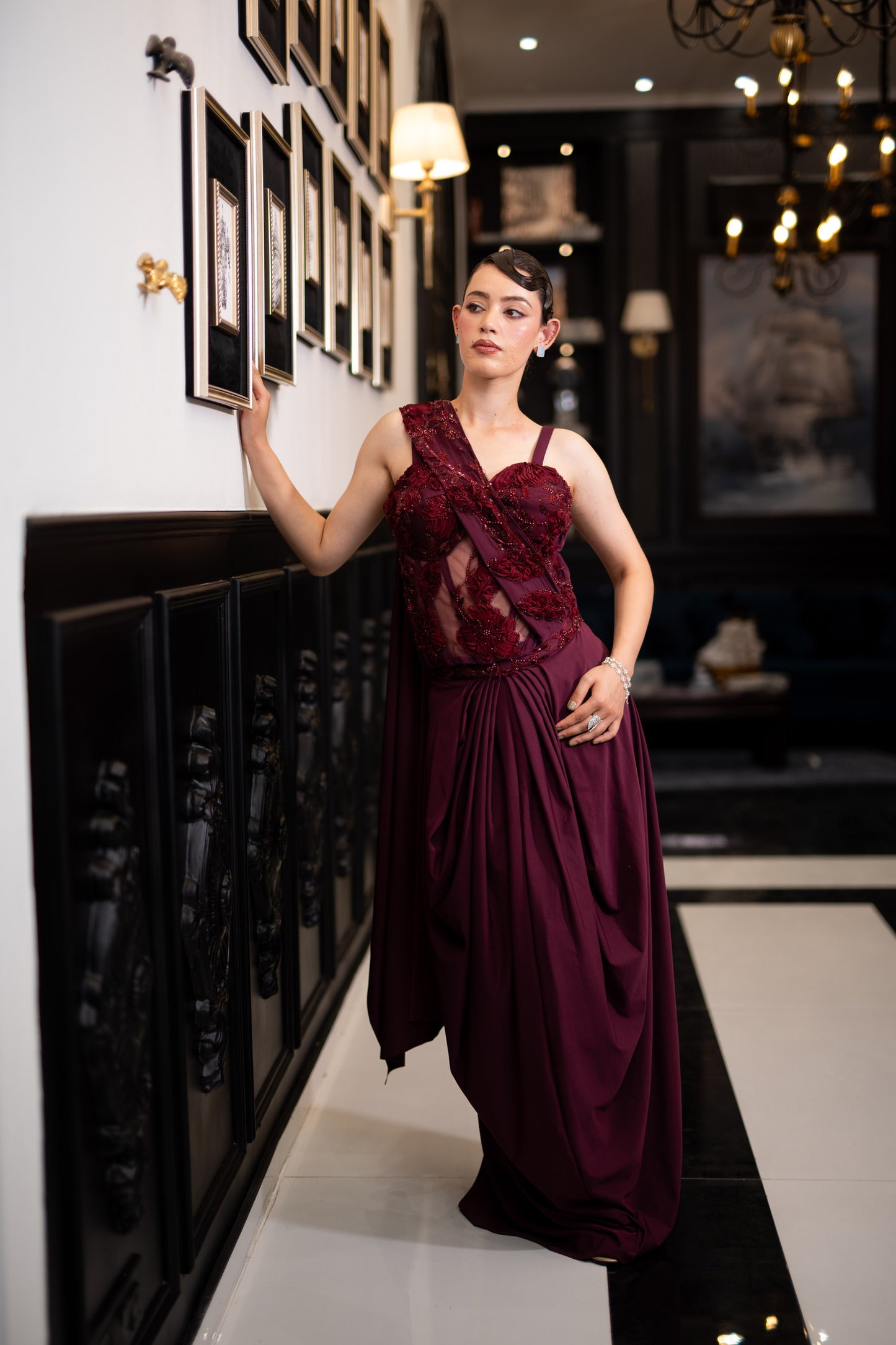 Burgundy Bloom Drape Saree