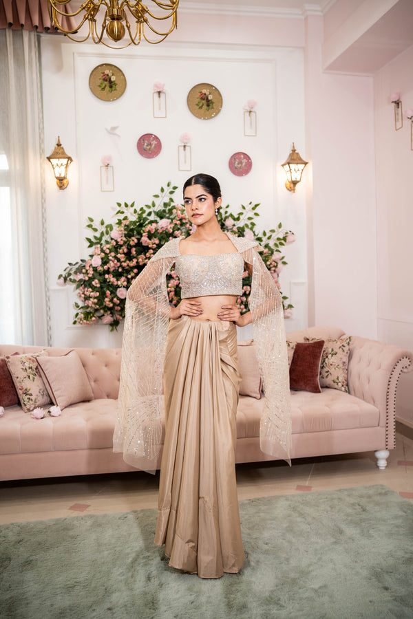 Champagne Stardust Drape Saree