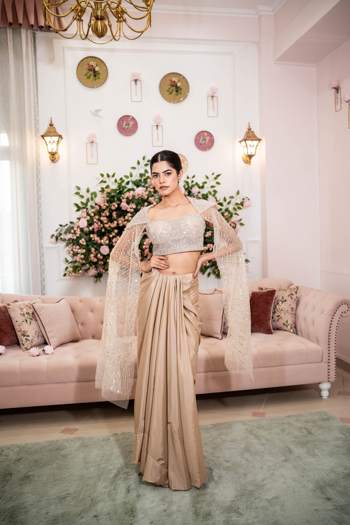 Champagne Stardust Drape Saree