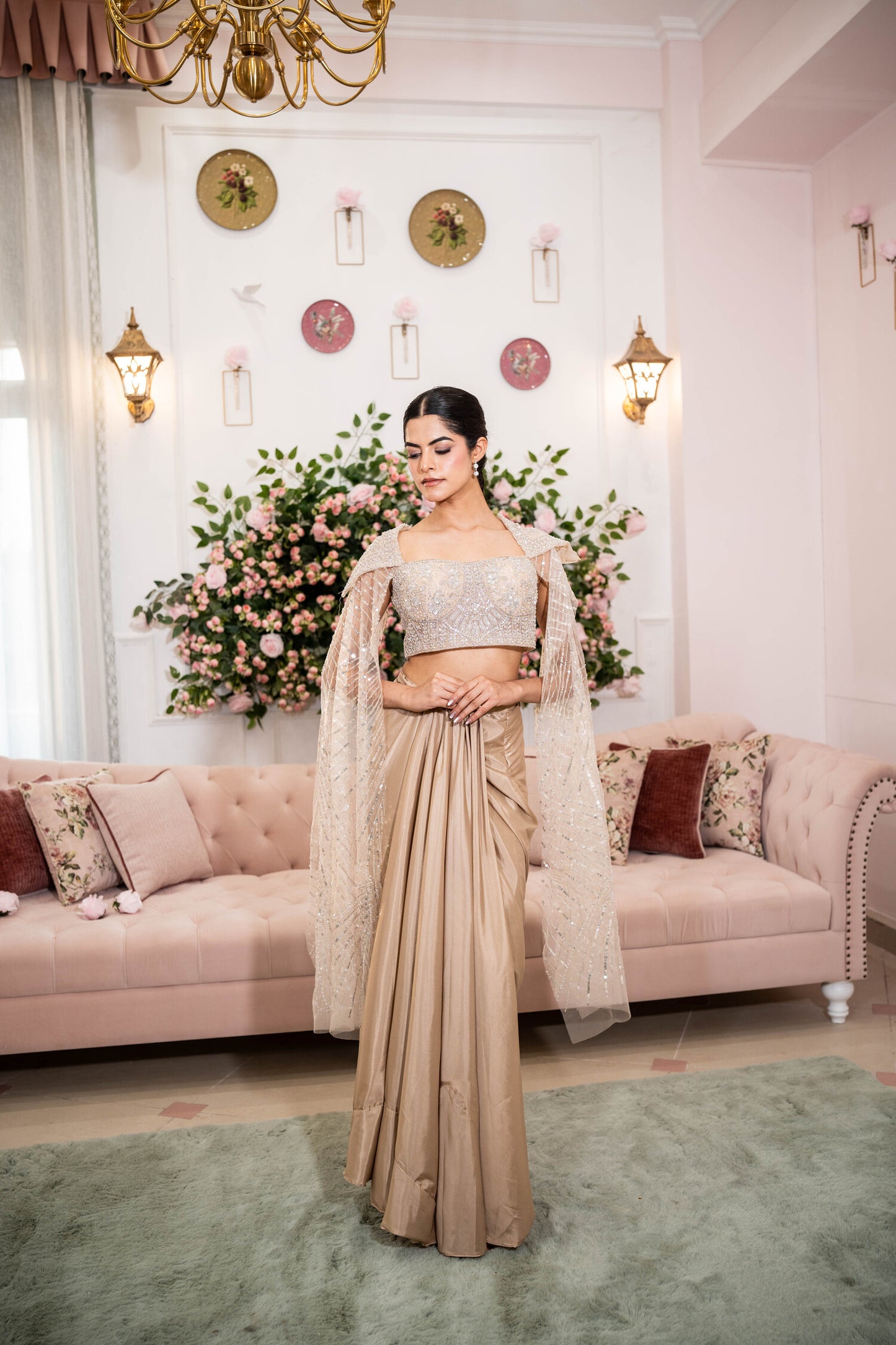 Champagne Stardust Drape Saree