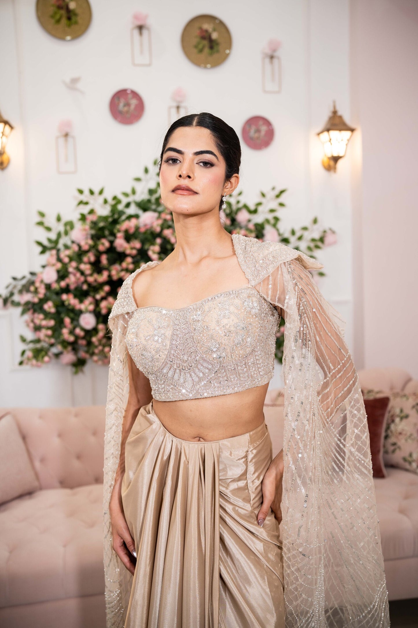 Champagne Stardust Drape Saree