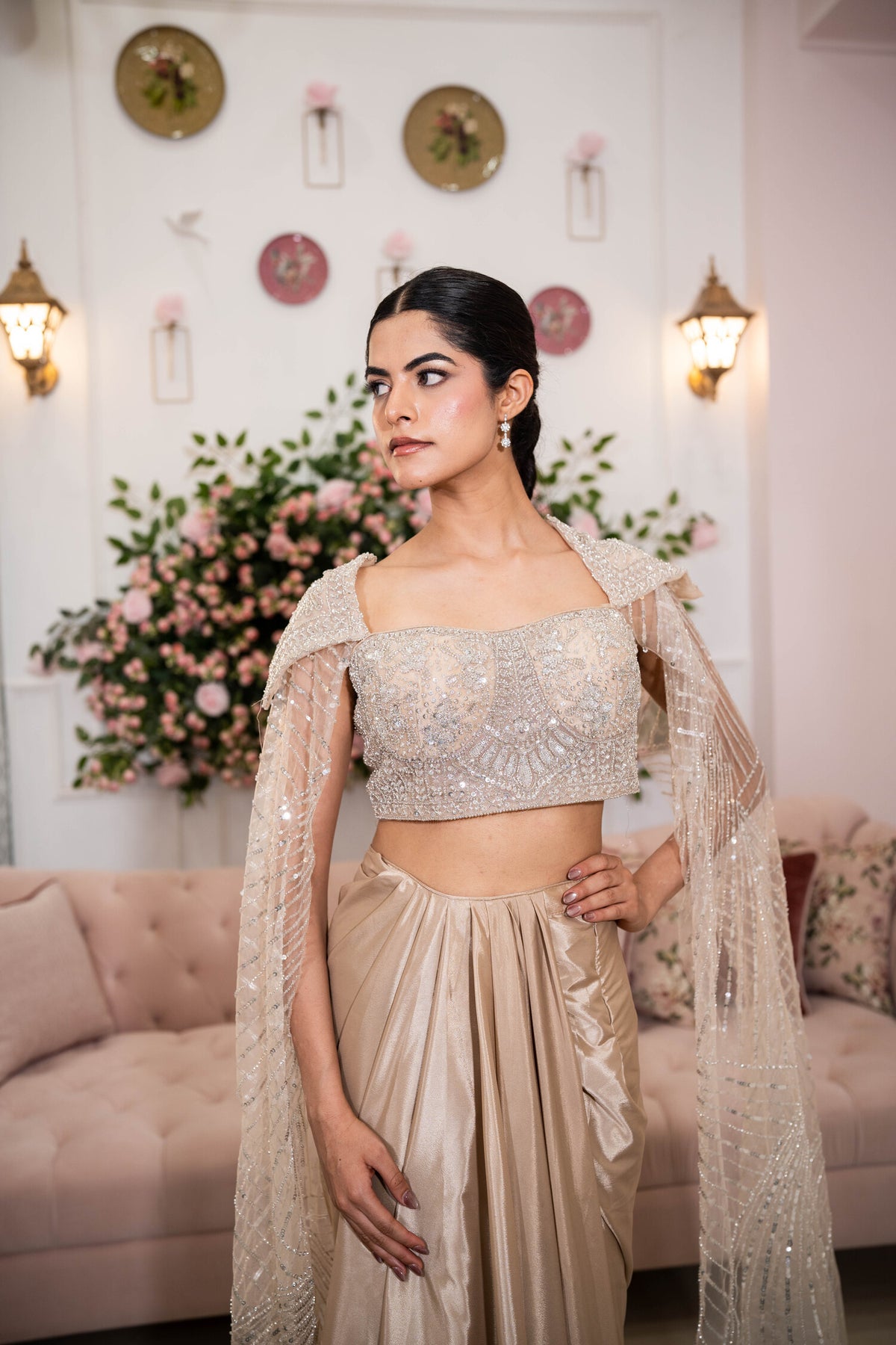 Champagne Stardust Drape Saree
