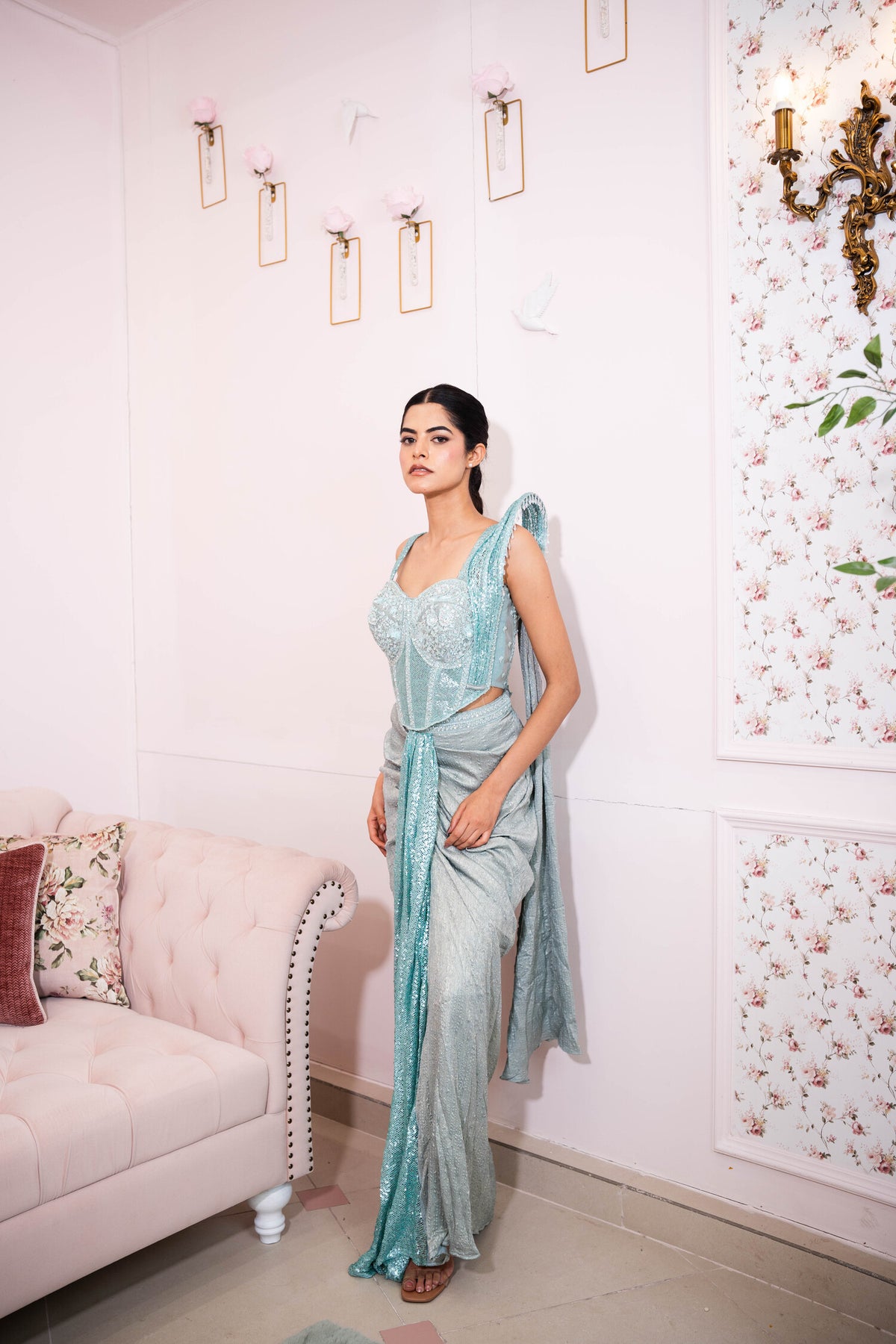 Glacial Bloom Corset Saree