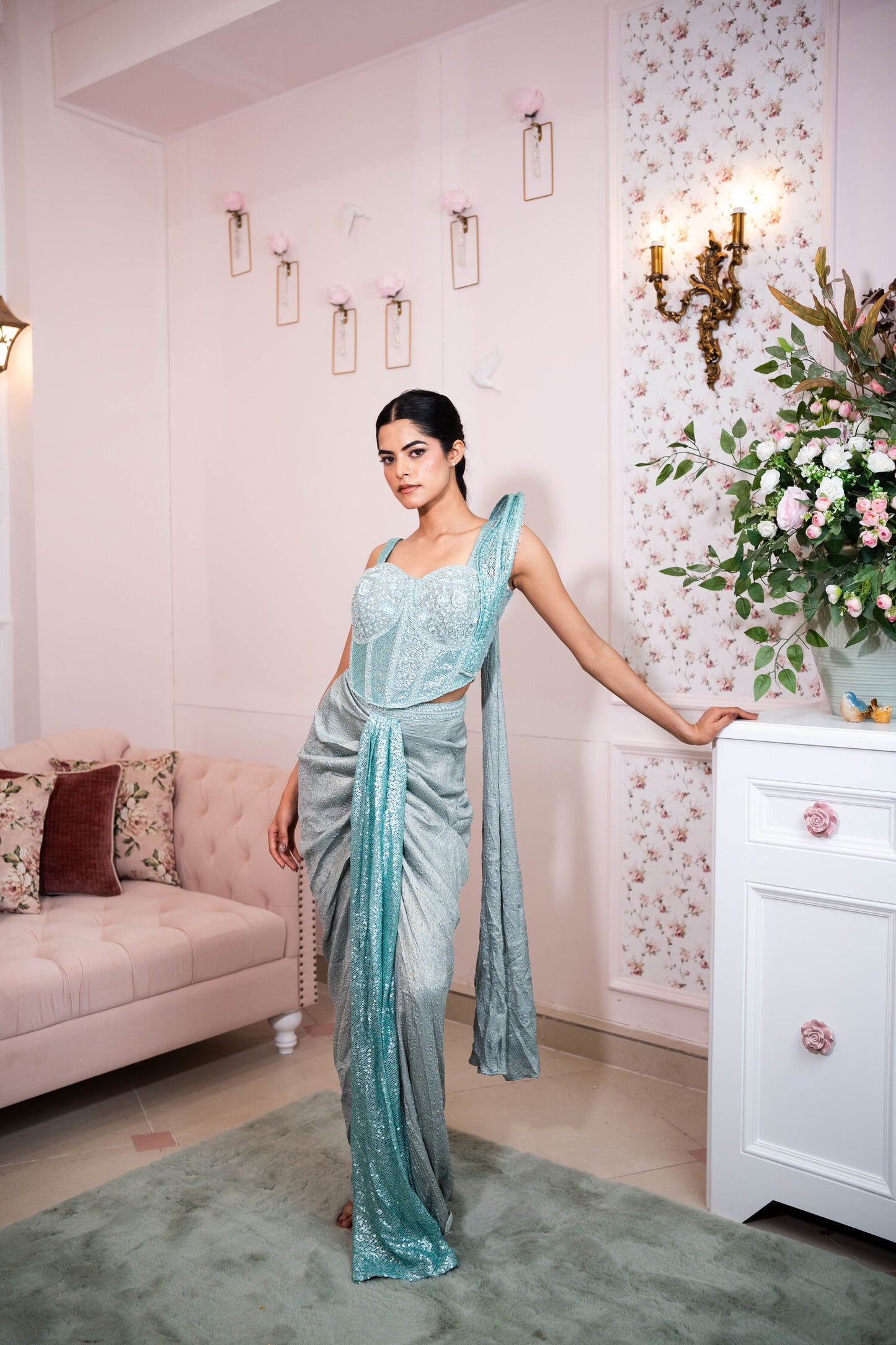 Glacial Bloom Corset Saree