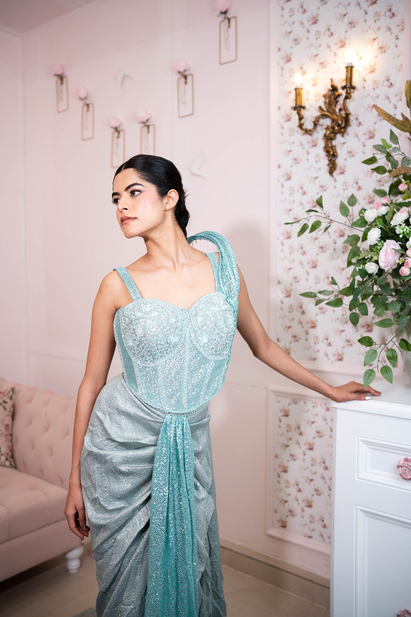 Glacial Bloom Corset Saree