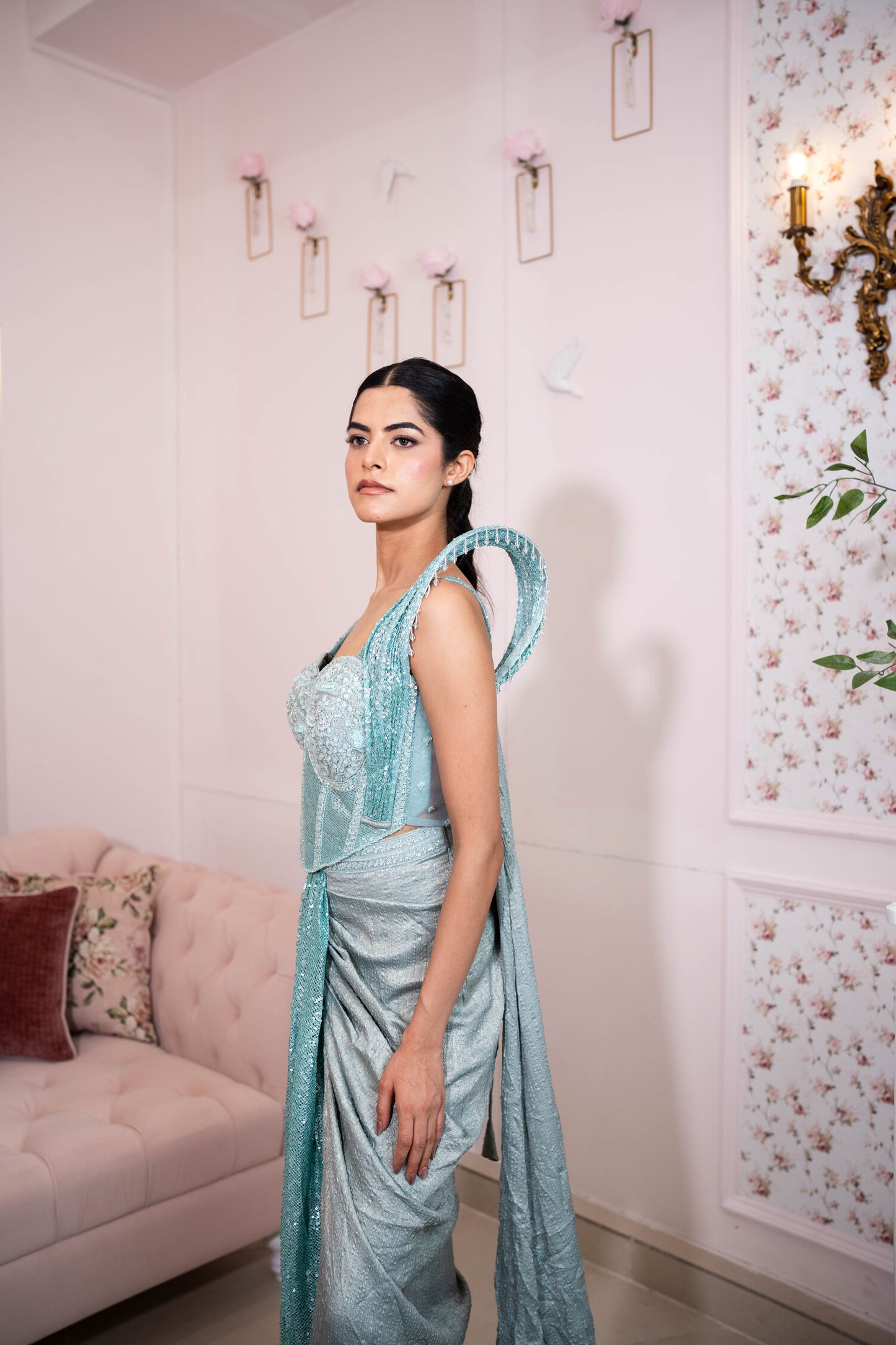 Glacial Bloom Corset Saree
